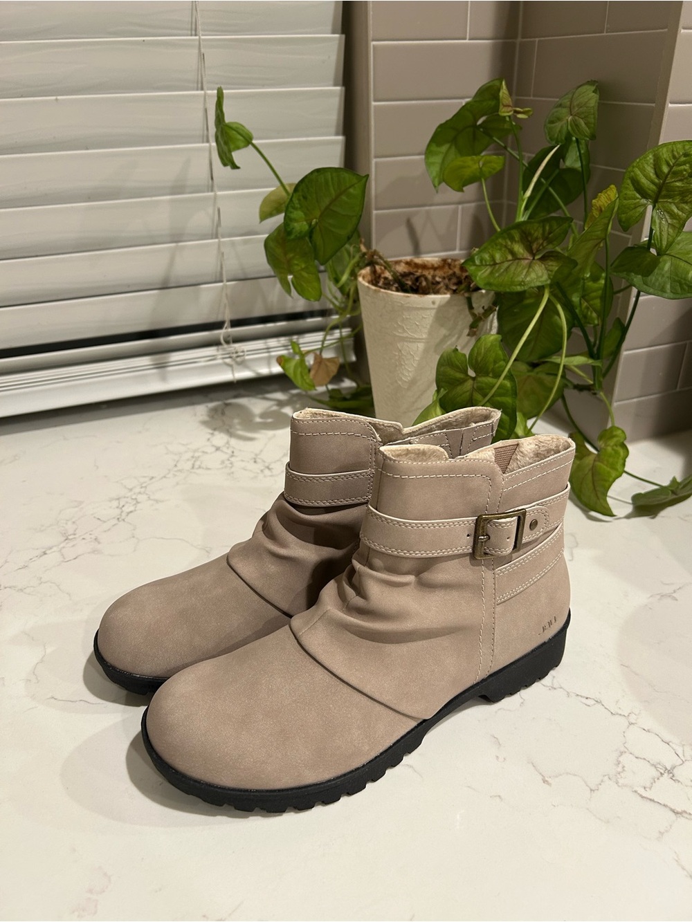 JBU Taupe Suede-Look Ankle Booties with Buckle Accent